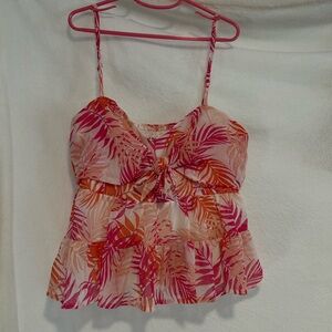 Francesca’s Tropical Pink and Orange Leaf Print Women's Top